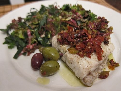 Olive Oil Poached White Seabass  Topped with Tapenade