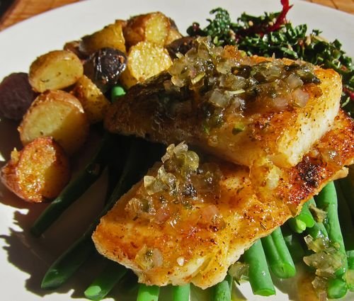Pan Fried Halibut with Warm White Balsamic - Caper Vinaigrette
