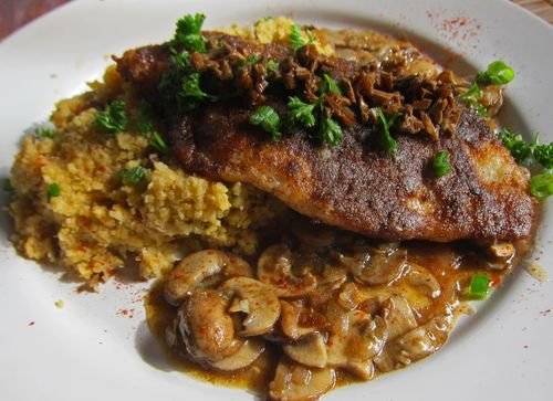Porcini Crusted Halibut with Truffled Polenta